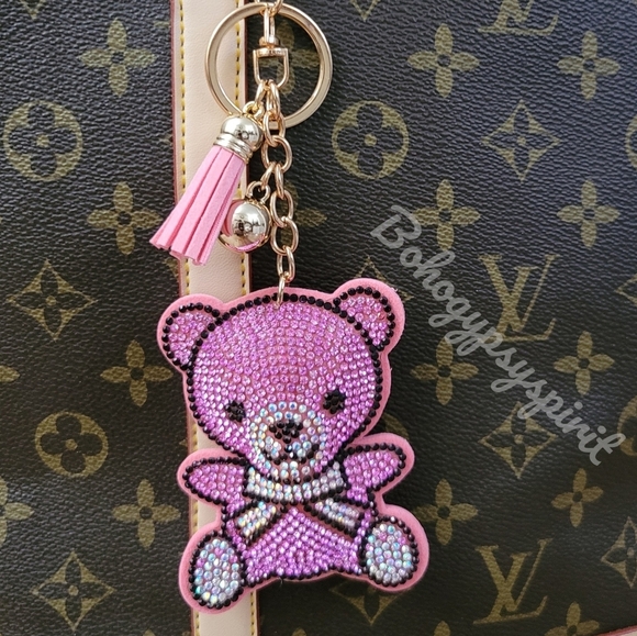 Bling Teddy Bear Crystal Rhinestone Keychain Bag Charm With Pink Tassel - Picture 4 of 13